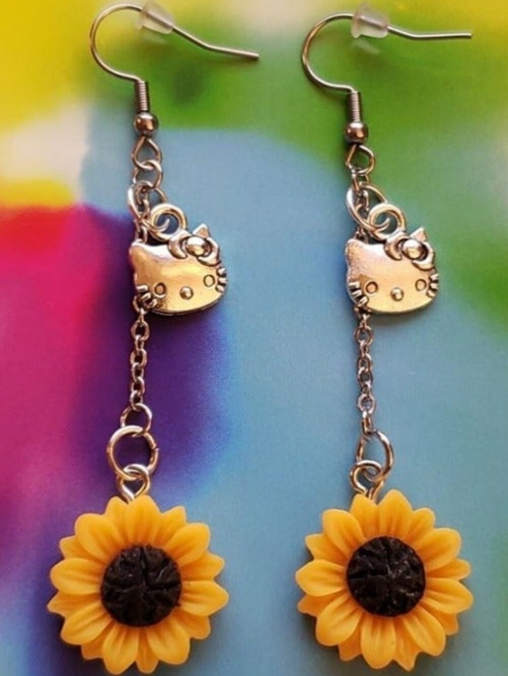 Handmade Sunflower Hello Kitty Chain Earrings